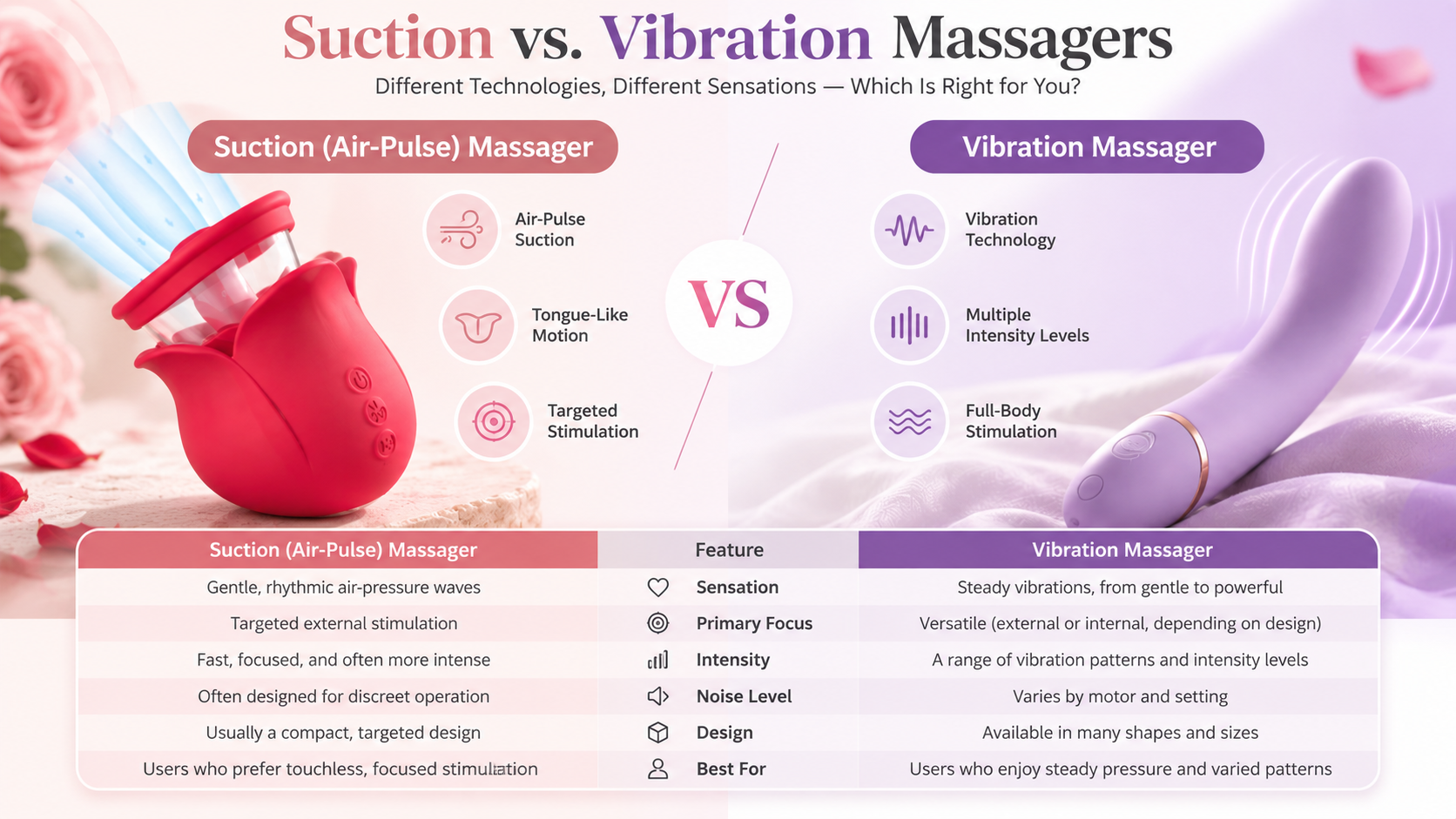 Suction vs vibration massager comparison showing key differences in sensation, controls and use