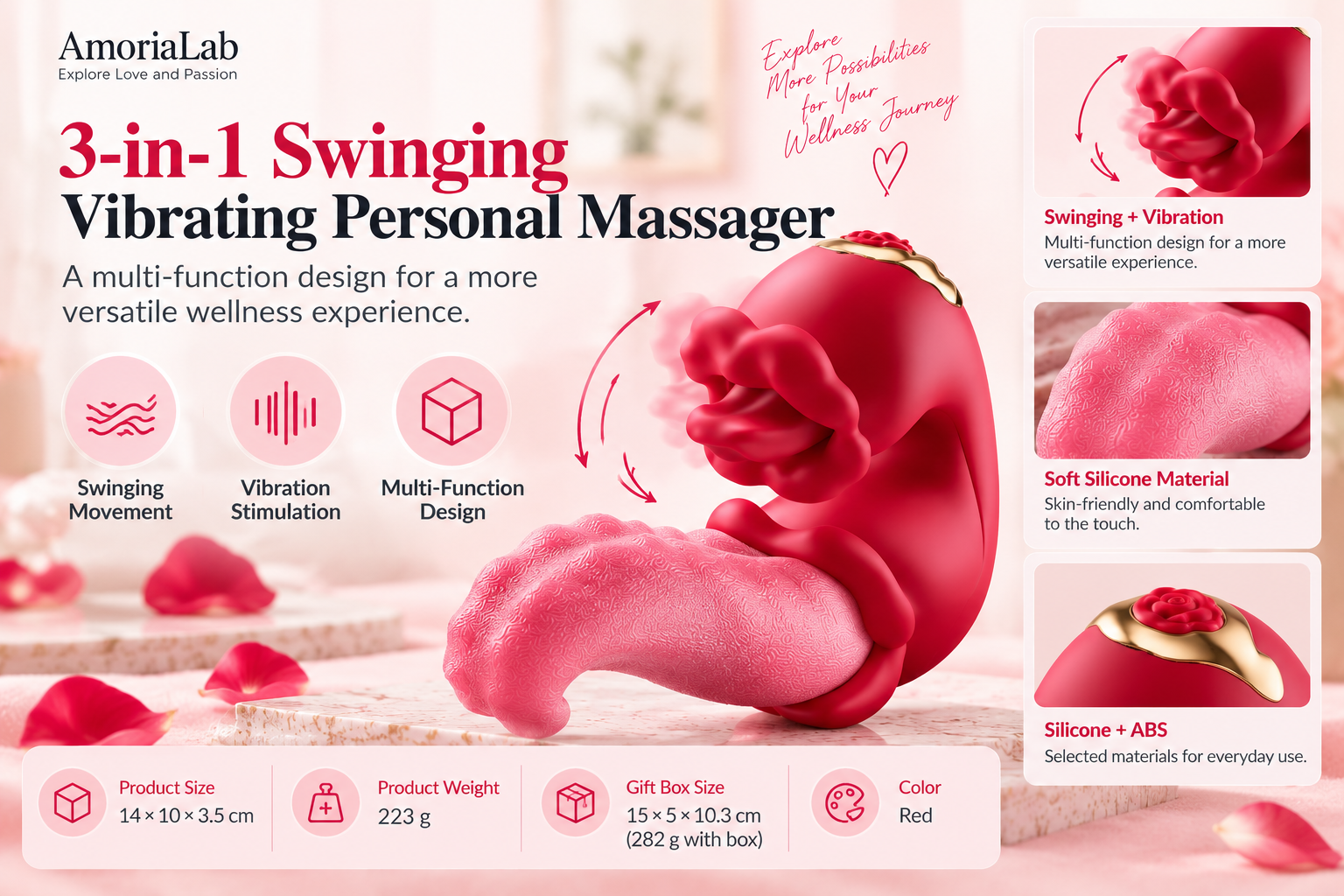 Red swinging and vibrating personal massager with silicone and ABS construction