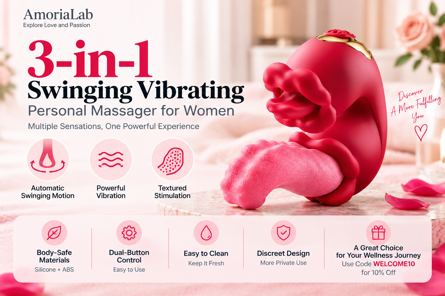 AmoriaLab 3-in-1 swinging vibrating personal massager product overview
