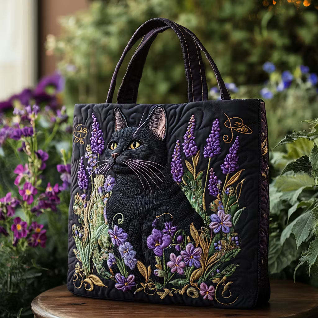 Black Cat with Flowers Quilted Tote Bag