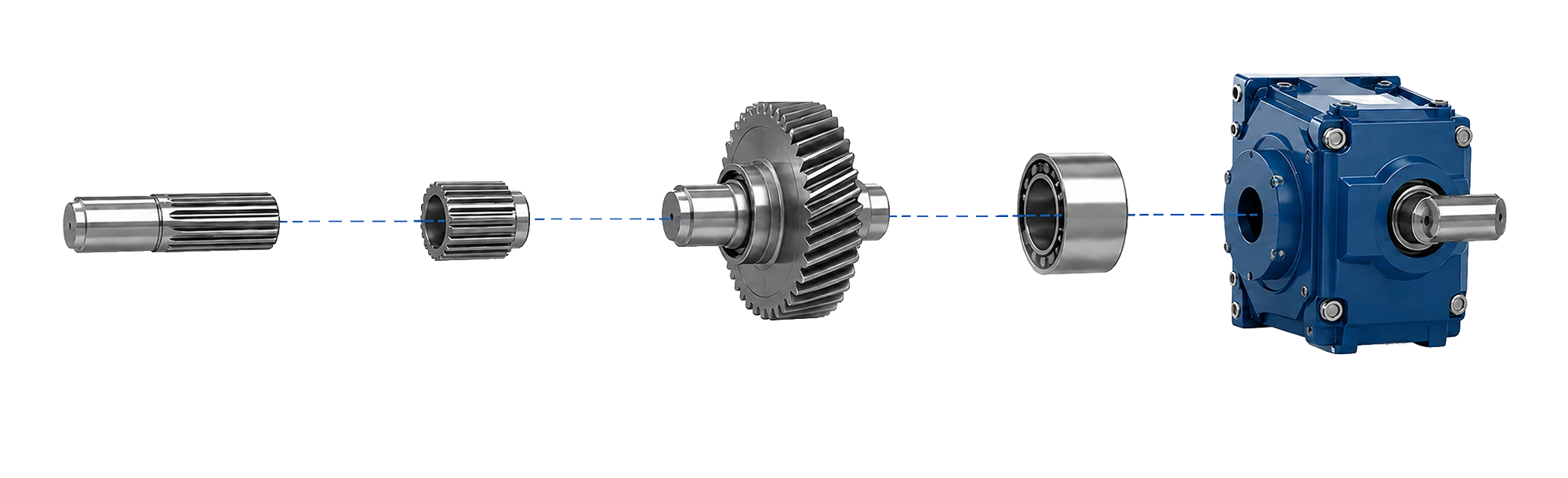Exploded YUBAO gearbox assembly with input shaft, spline connection, gear shaft, specified bearing and gearbox unit