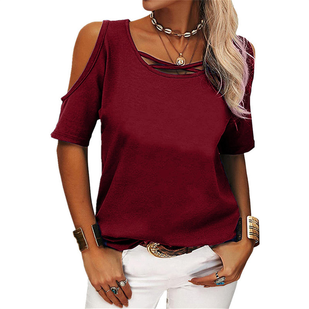 Summer Fashion Tops Women Casual Solid Color Off Shoulder Loose Short-Sleeve T-Shirt Cross O Neck Large Size Oversize T Shirt