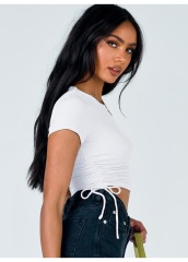 Short T Shirt Women Sexy Crop Tops Woman Solid Tee Shirt Femme Woman T-shirts Lace Up Side Drawstring Crop Top Women Summer 2022