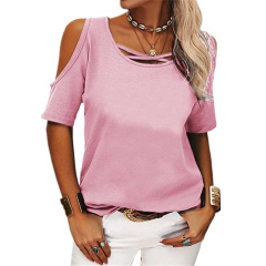 Summer Fashion Tops Women Casual Solid Color Off Shoulder Loose Short-Sleeve T-Shirt Cross O Neck Large Size Oversize T Shirt