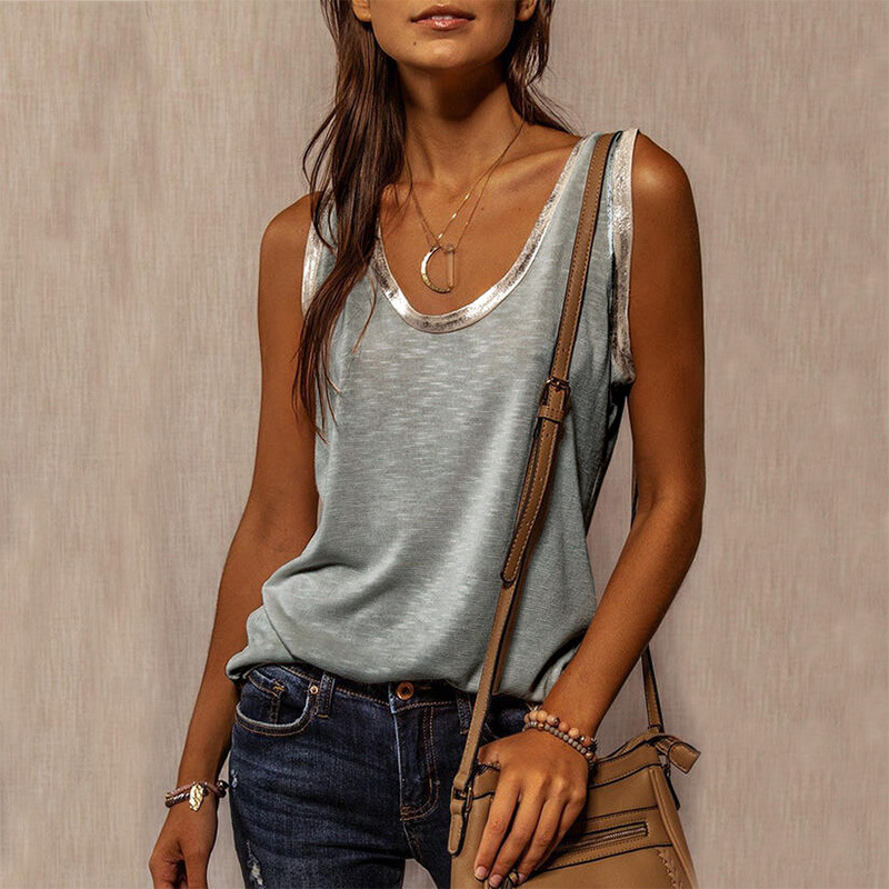 2022 Summer Women's Stitching Top Urban Casual Streetwear Contrast Color Collar Wide Loose Vest Sleeveless Pullover T-shirt
