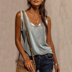 2022 Summer Women's Stitching Top Urban Casual Streetwear Contrast Color Collar Wide Loose Vest Sleeveless Pullover T-shirt