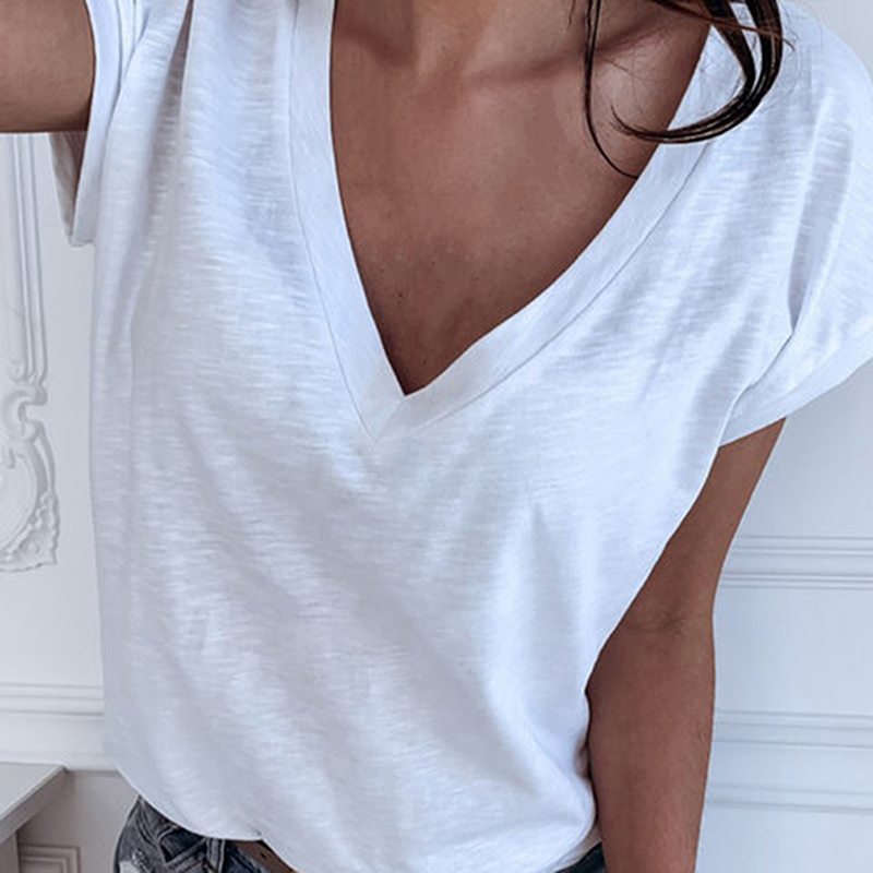 White Summer T Shirt Women Casual Womens Tee Shirts V-neck Tshirt Pus Size XL Short Sleeve T-shirt Ladies Women Clothings