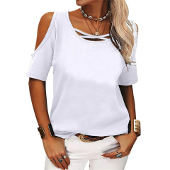 Summer Fashion Tops Women Casual Solid Color Off Shoulder Loose Short-Sleeve T-Shirt Cross O Neck Large Size Oversize T Shirt