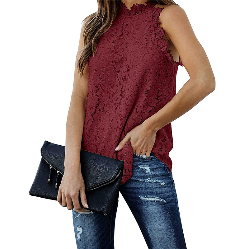 2022 Summer hollow out lace tank tops women halter shirts sleeveless sweet sexy tees