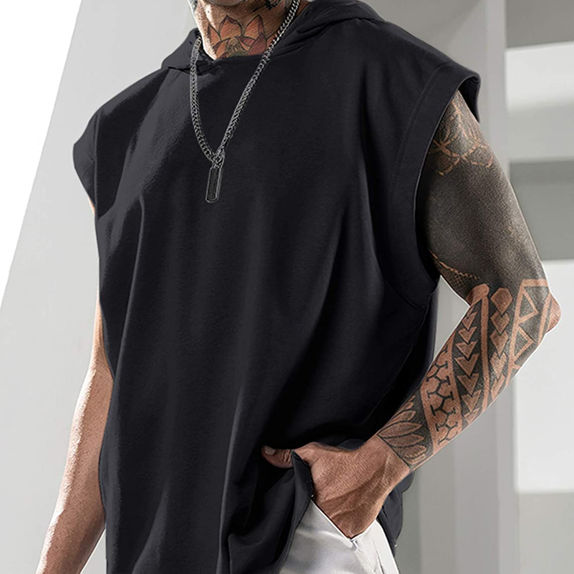 Custom Men's Sleeveless Tank Top Bodybuilding Hoodie Workout Solid Slim Tank Top Hoodie