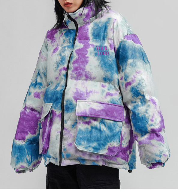 Winter Colorful Bubble Coat Unisex Custom Waterproof Loose Men Tie Tye Warm Women Nylon Cotton Puffer Down Coat