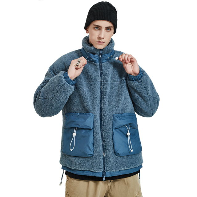 Winter Fleece Coat Men Custom Logo Padded Lamb Loose Velvet Thickened Warm Pea Coat