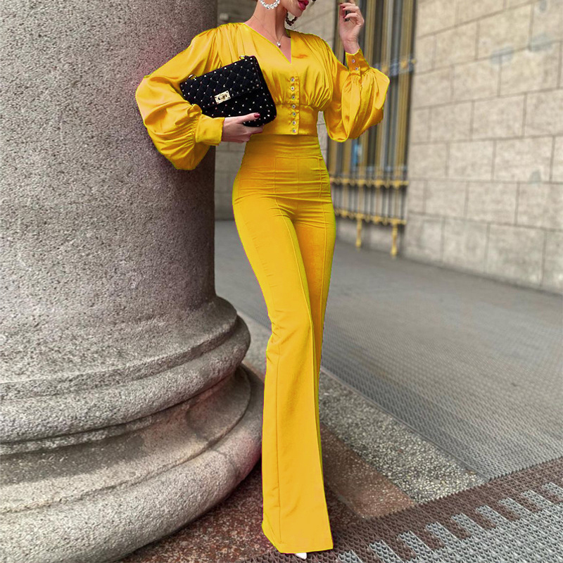 2022 Autumn Women Two Piece Set Elegant Button Puff Sleeve Shirt And Flare Pants Elegant Office Lady Suit Outfits