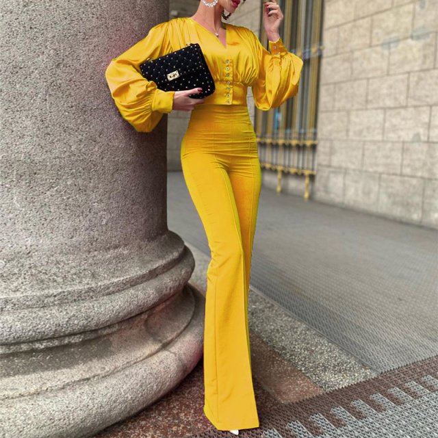 2022 Autumn Women Two Piece Set Elegant Button Puff Sleeve Shirt And Flare Pants Elegant Office Lady Suit Outfits