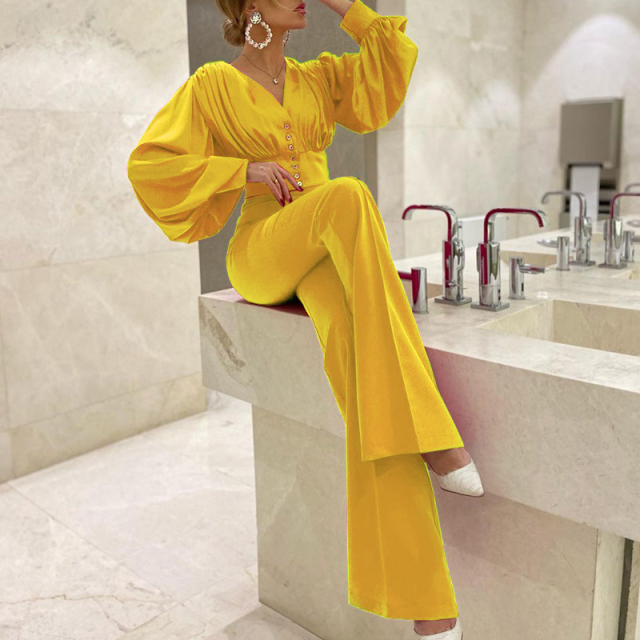 2022 Autumn Women Two Piece Set Elegant Button Puff Sleeve Shirt And Flare Pants Elegant Office Lady Suit Outfits