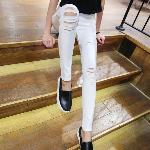 Women'S Skinny Black Pencil Pants Large Size Ripped Trousers High Waist Slim Pants