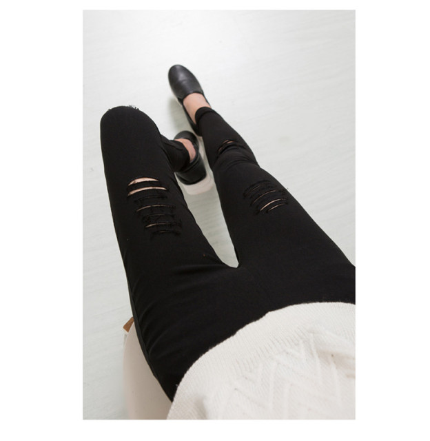 Women'S Skinny Black Pencil Pants Large Size Ripped Trousers High Waist Slim Pants