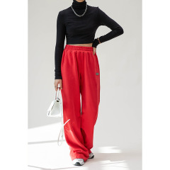 100% Cotton Red High-Waisted Wide-Legged Pants Women'S Knitted Straight Spring And Summer New Draped Sense Of Lengthening Dragging Ground Pants
