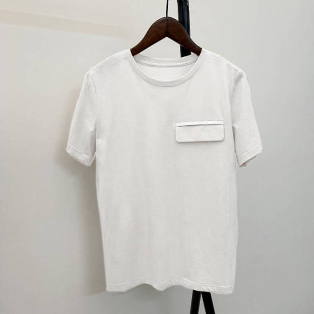 2022 Summer Casual Solid T-shirts Women O-Neck Fake Pocket Cotton Short Sleeve Soft Loose Harajuku Basic Tops