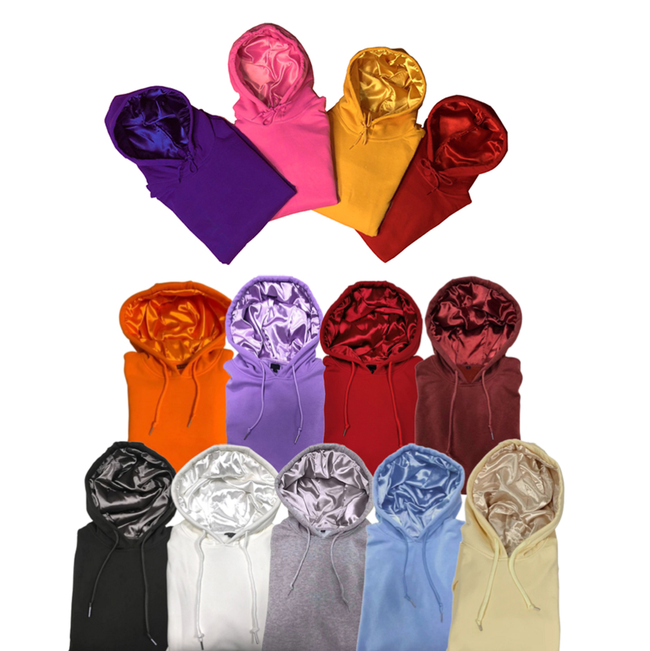 Custom Hoodie With No Labels Plain Color Cotton Streetwear Chenille Patches Printing Sweatshirt Men Silk Satin Lined Hoodies