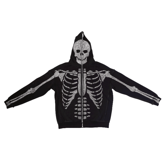 Heavyweight 100% Cotton Rhinestone Hoodies Men Bulk Manufacturer Graphic Custom Full Face Zip Logo French Terry Skeleton Hoodies