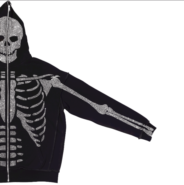 Heavyweight 100% Cotton Rhinestone Hoodies Men Bulk Manufacturer Graphic Custom Full Face Zip Logo French Terry Skeleton Hoodies