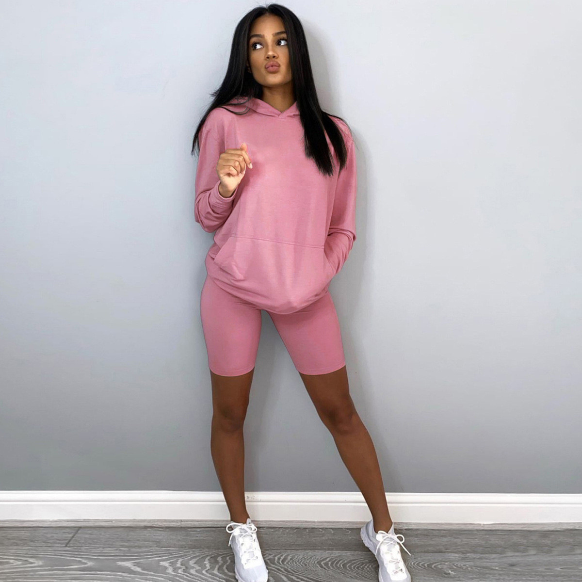 Women Loose Two Piece Pants Hoodie Set Casual Plain Blank Hooded Womens Biker Shorts Jogging Sportswear Set Clothing