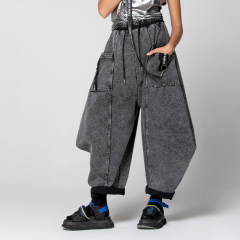 Tide 2022 new washed and worn spelling webbing tide jeans personalized large size wide leg trousers