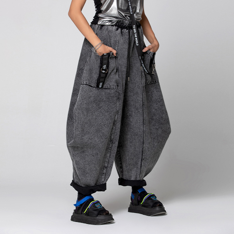 Tide 2022 new washed and worn spelling webbing tide jeans personalized large size wide leg trousers