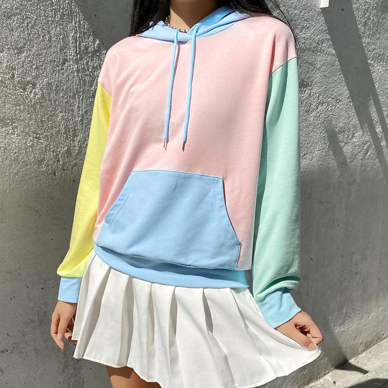 2021 New Spring Women'S Stitching Collision Color Fashion Casual With Hat Laced Loose Sweater Suit