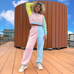 2021 New Spring Women'S Stitching Collision Color Fashion Casual With Hat Laced Loose Sweater Suit