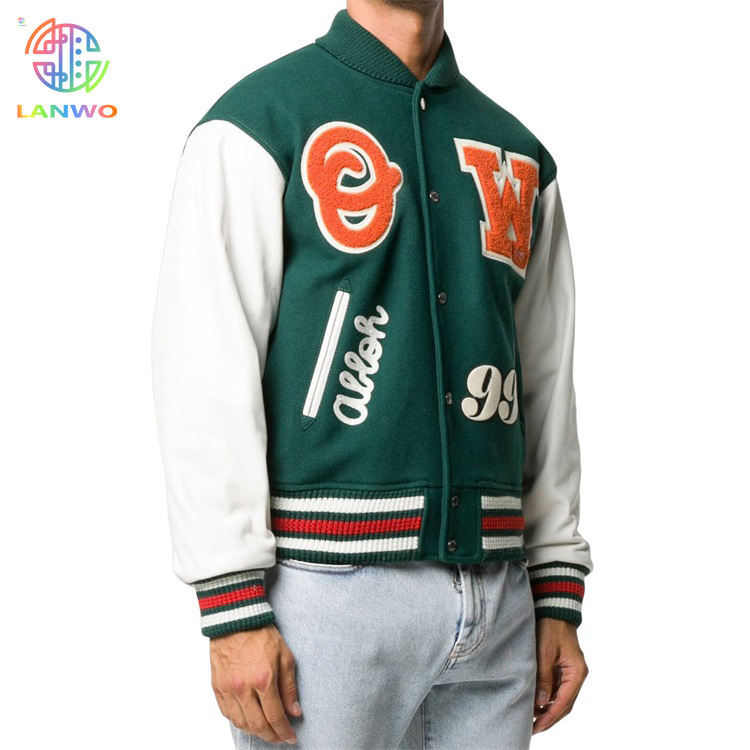 Green Chain Baseball Letterman Jacket For Men Custom Chenille Embroidery Wool And Leather Sleeve Bomber Flight Varsity Jacket