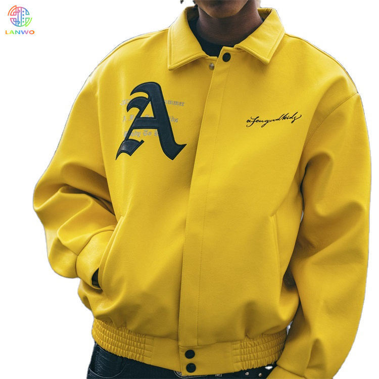 Lanwo Custom Leather black versity jacket yellow Baseball Jacket manufacturer Vendor Bulk 4xl Bomber Leather Varsity Jacket
