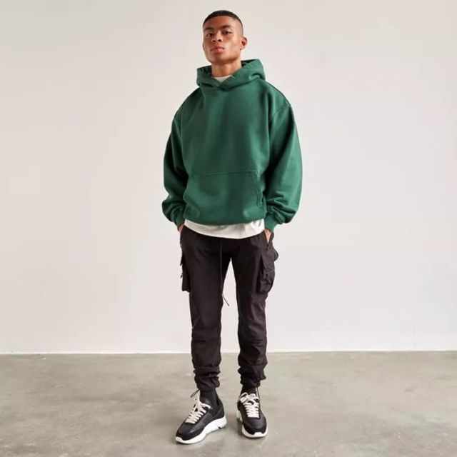 Lanwo Custom 100 Cotton Green Fleece Hoody Sweatshirt For Men Boxy Fit 380gsm Hoodies No String With Pocket Sublimation Hoodie