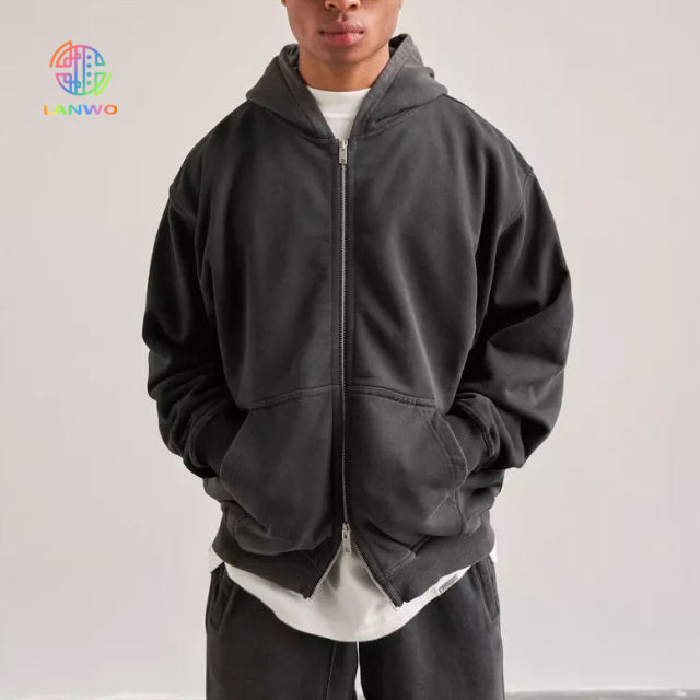 Lanwo Designer Oversized Contrast Stitch Hoodies For Men Custom With No Strings Distressed Double Layer Zip Up Men'S Hoodies