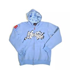Lanwo Pullover Satin Lined Hoodies Custom Logo Unisex 80% Cotton 20% Polyester Blue Full Zip Up Oversize 3d Puff Print Hoodie