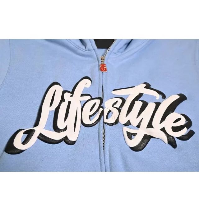 Lanwo Pullover Satin Lined Hoodies Custom Logo Unisex 80% Cotton 20% Polyester Blue Full Zip Up Oversize 3d Puff Print Hoodie