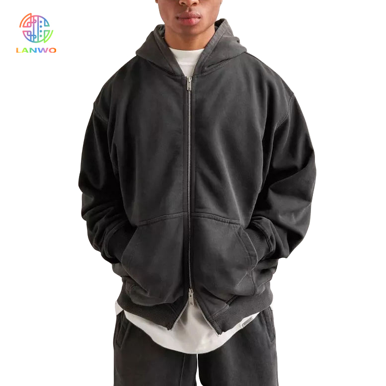 Lanwo Designer Oversized Contrast Stitch Hoodies For Men Custom With No Strings Distressed Double Layer Zip Up Men'S Hoodies