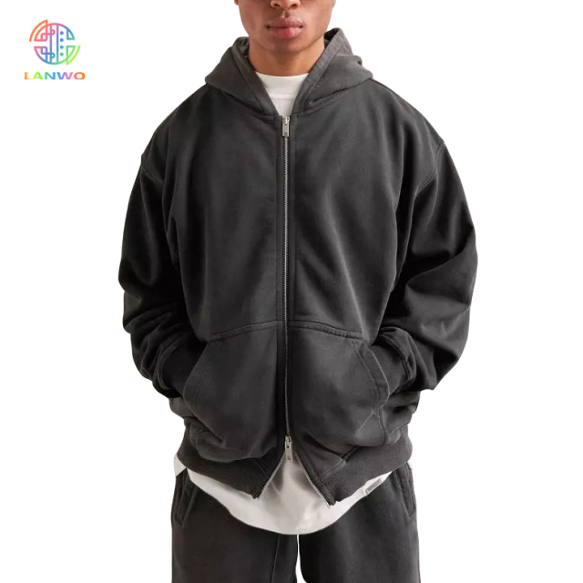 Lanwo Designer Oversized Contrast Stitch Hoodies For Men Custom With No Strings Distressed Double Layer Zip Up Men'S Hoodies