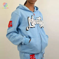 Lanwo Pullover Satin Lined Hoodies Custom Logo Unisex 80% Cotton 20% Polyester Blue Full Zip Up Oversize 3d Puff Print Hoodie