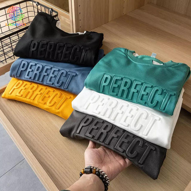 Lanwo High Quality Heavy Men'S Hoodies & Sweatshirts 100% Cotton Street Style Custom Oversized Crewneck Men Embossed Sweatshirt