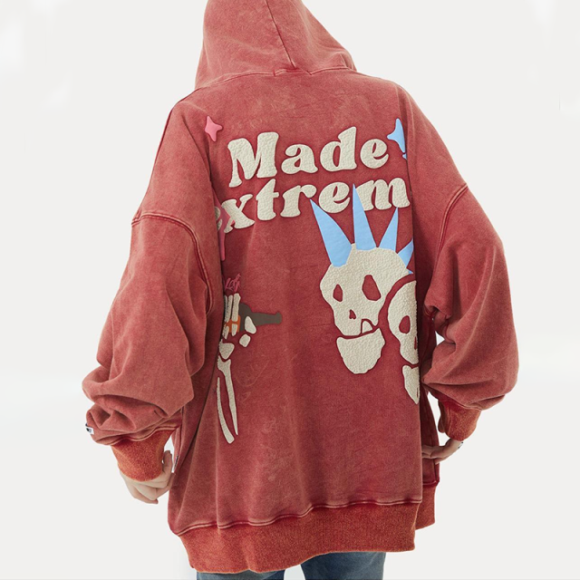 Tri-colour fun foam skull street long sleeve washed and distressed pullover sweatshirt for men and women couples