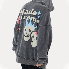 Tri-colour fun foam skull street long sleeve washed and distressed pullover sweatshirt for men and women couples
