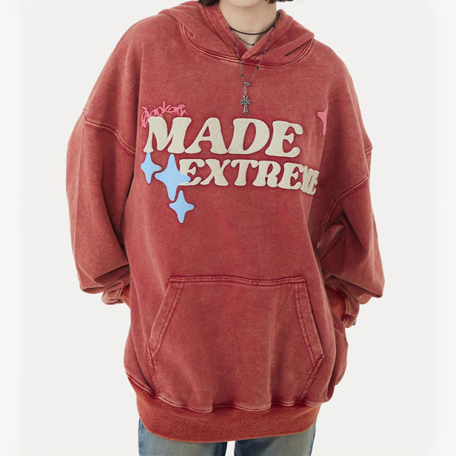 Tri-colour fun foam skull street long sleeve washed and distressed pullover sweatshirt for men and women couples