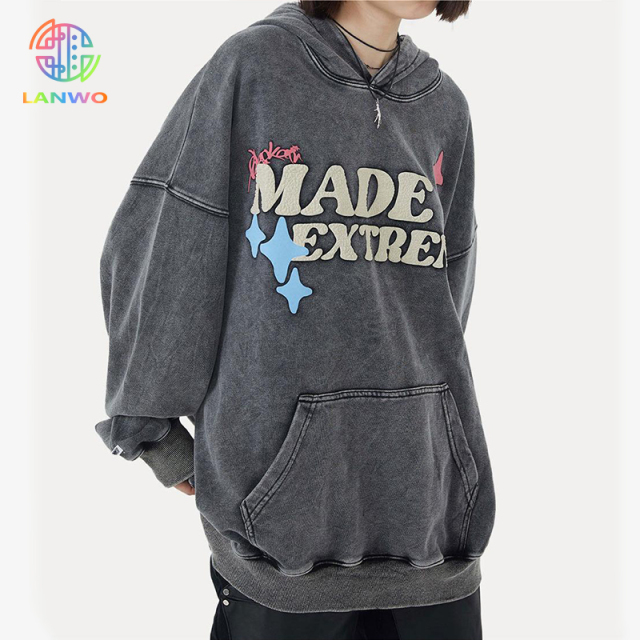 Tri-colour fun foam skull street long sleeve washed and distressed pullover sweatshirt for men and women couples