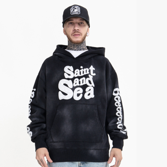 Tide vintage high street foam letter print spray paint washed hooded sweatshirt jacket