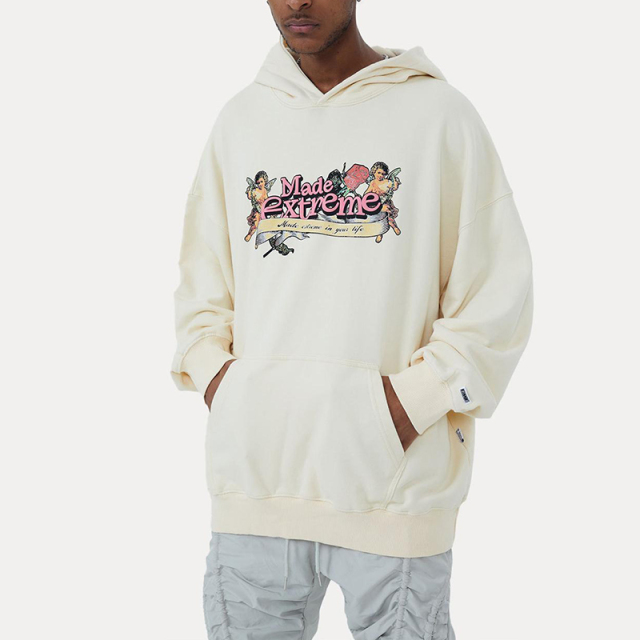 Fun Cupid floral American vintage street washed and distressed pullover sweatshirt