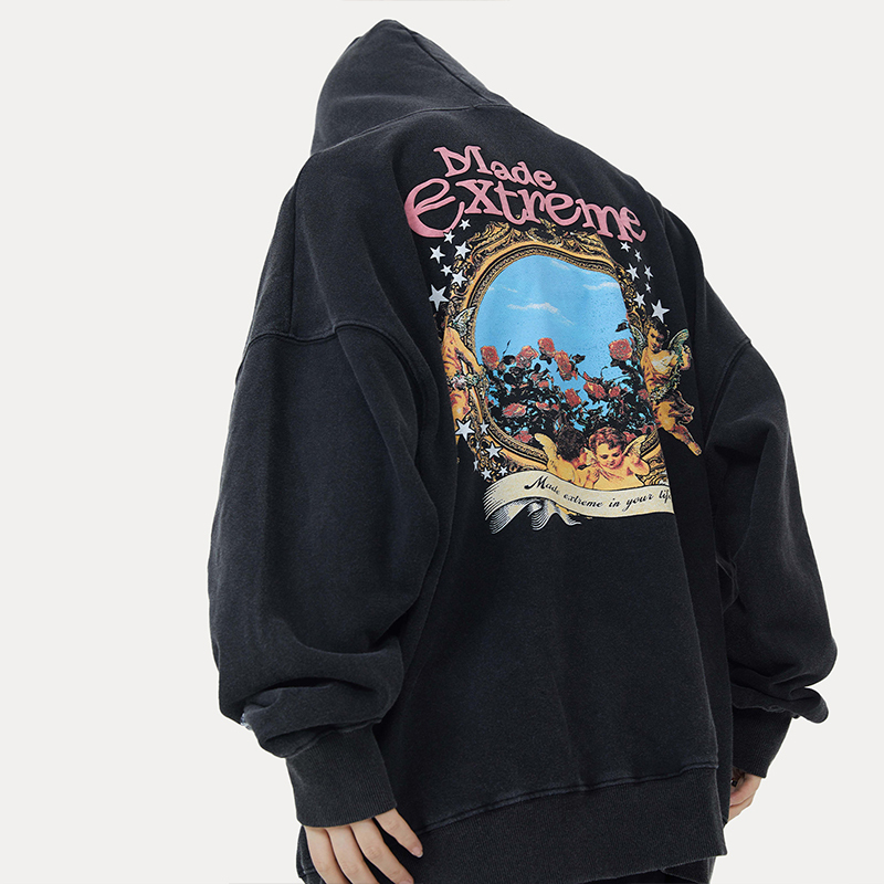 Fun Cupid floral American vintage street washed and distressed pullover sweatshirt