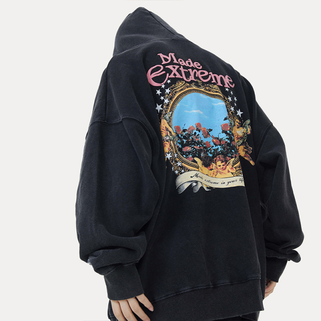 Fun Cupid floral American vintage street washed and distressed pullover sweatshirt