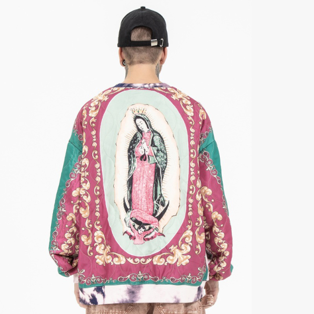 Vintage Tide Patchwork Tie-Dye Virgin Mary Pullover Men's Sweatshirt